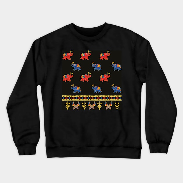 Serenade of Splendor: Dynamic Patterns with Elephants, Peacocks, and Vibrant Hues Crewneck Sweatshirt by Yokoday